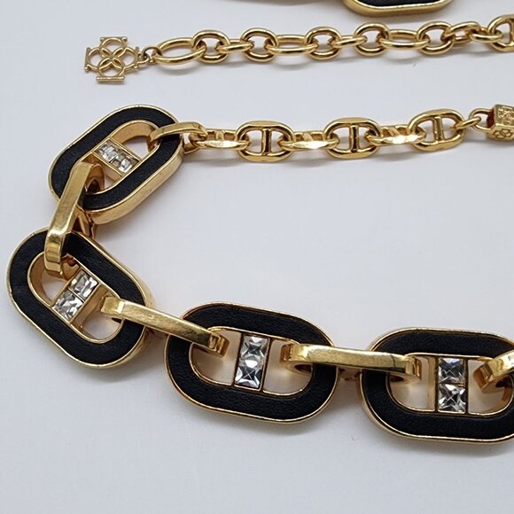 Ann Taylor Bracelet & Necklace Set Inlay Black Leather Gold Tone Chunky Chain VT - Picture 3 of 9